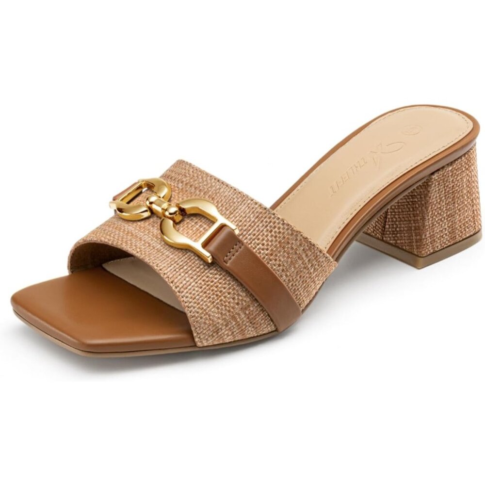 Women's Brown Raffia Heeled Sandals Square Open Toe Slip On Mules Chunky Heels